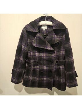Women's Fashion Bug Pea Coat L Purple Black Gray Plaid